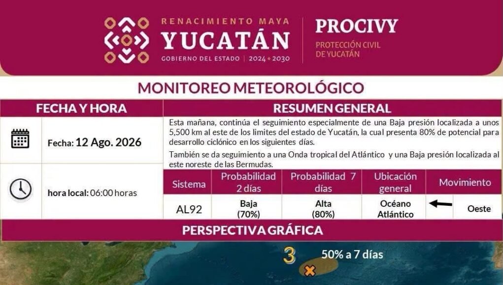 Protección Civil mantiene bajo vigilancia una zona de baja presión rumbo al Atlántico