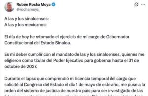Rubén Rocha Moya retoma la gubernatura de Sinaloa tras 112 días de licencia