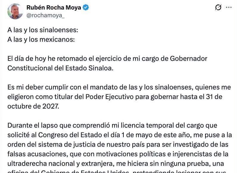 Rubén Rocha Moya retoma la gubernatura de Sinaloa tras 112 días de licencia